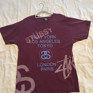 Stussy Men's Maroon World Tour Graphic Tee